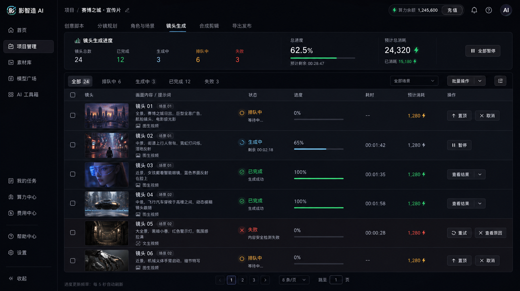 视频逐镜头生成进度界面